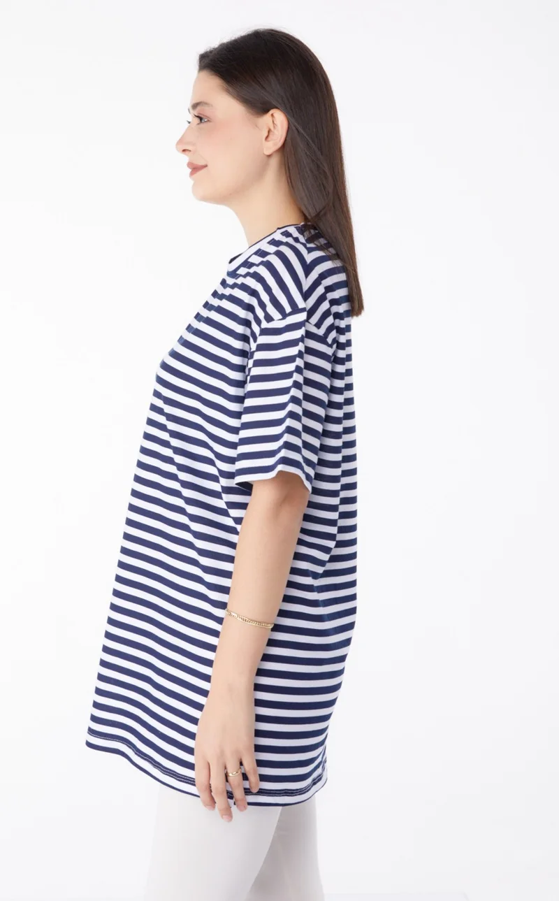Tofisa Plain Crew Neck Women's Navy Blue Striped T-Shirt - 25306