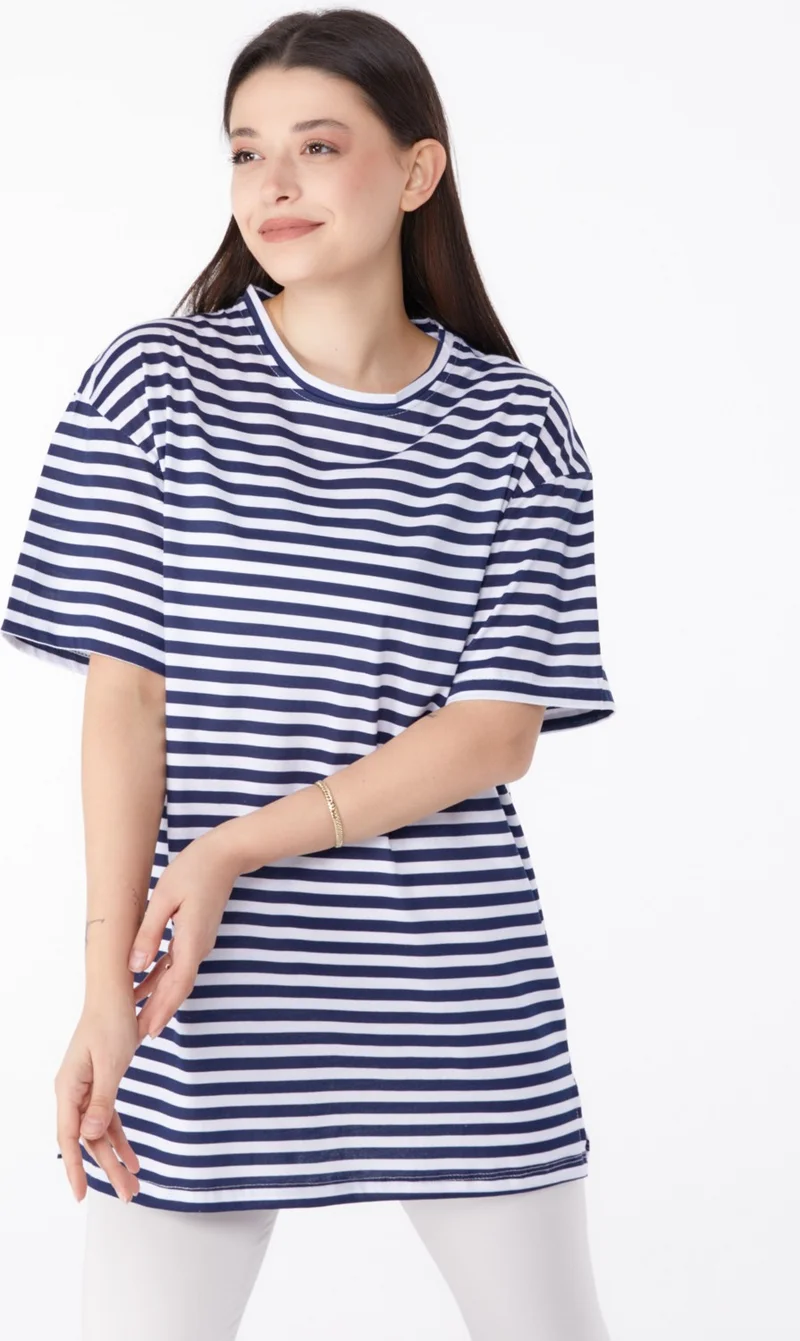 Tofisa Plain Crew Neck Women's Navy Blue Striped T-Shirt - 25306