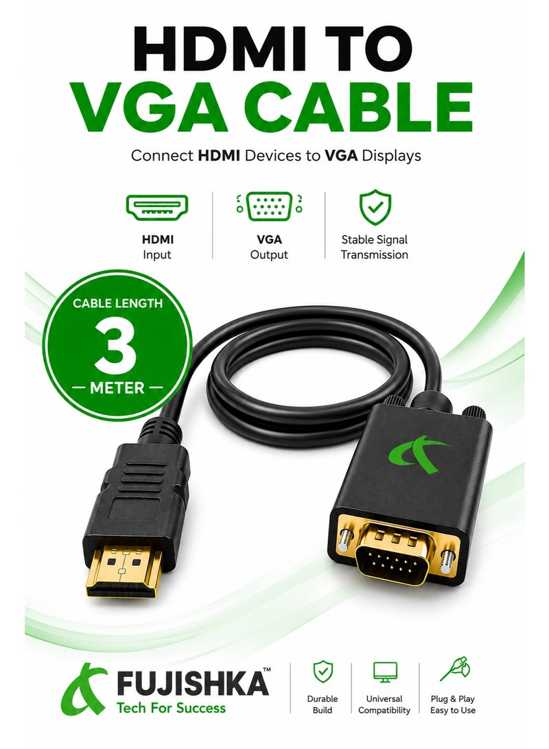 فوجيشكا كابل HDMI إلى VGA بطول 3 أمتار | كابل محول مطلي بالذهب (من HDMI ذكر إلى VGA ذكر) | محول فيديو بدقة 1080P Full HD | يدعم التشغيل الفوري (Plug & Play) | متوافق مع أجهزة الكمبيوتر المحمول والمكتبي والشاشات وأجهزة العرض (البروجيكتور) وأجهزة التلفزيون - Image 1