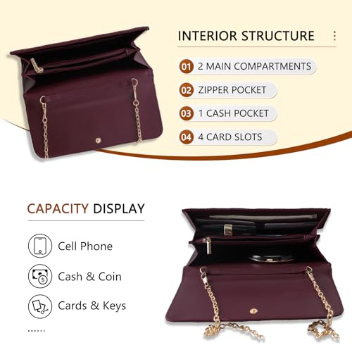 U+U Crossbody Bags for Women, Small Leather Bag with Removable Chain, Card Slots & Phone Pocket - Lightweight Purse Wallet (Burgundy) - Image 3