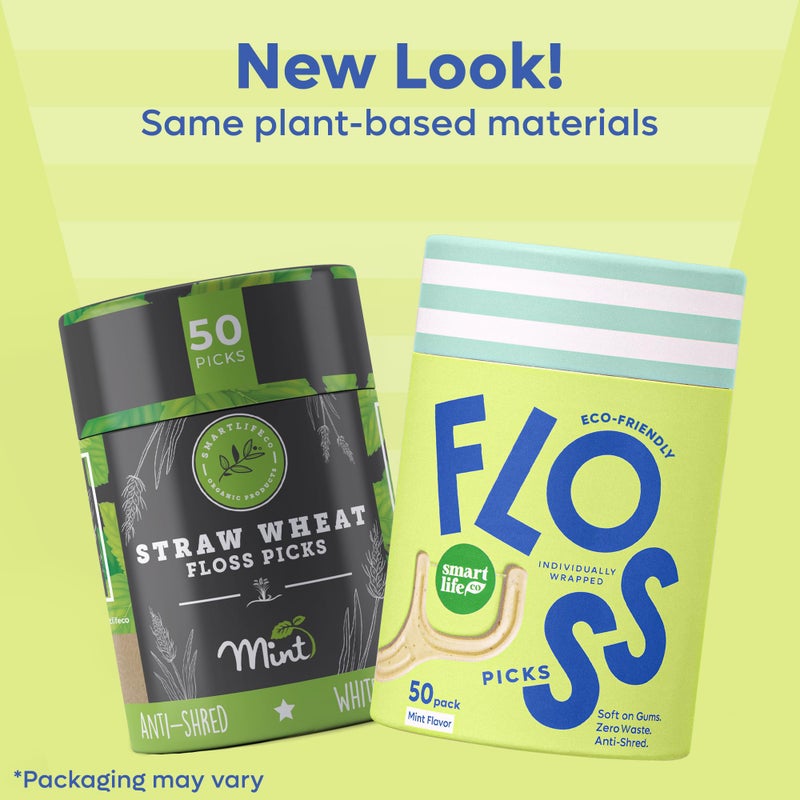 SMARTLIFECO Individually Wrapped Dental Floss Picks (50ct) - Eco-Friendly Flosser Handle Made with Straw Wheat Blend | Great for Travel | PFA Free | Toothpick Stick Soft On Gums & Teeth | Vegan | Mint - Image 2