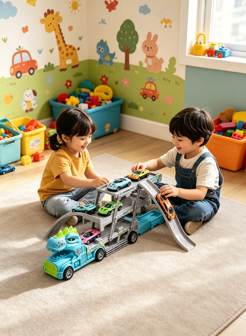 Aimayapet Dinosaur Swallowing Car, Dinosaur Truck Toys for Kids Aged 3+ Ejection Slide Track Storage Car Folding Portable Dinosaur Race Track Truck Toy Car with 2 Race Tracks Dinosaur Transporter Truck Toy Swallowing Car Children's Toys Gift - Image 3