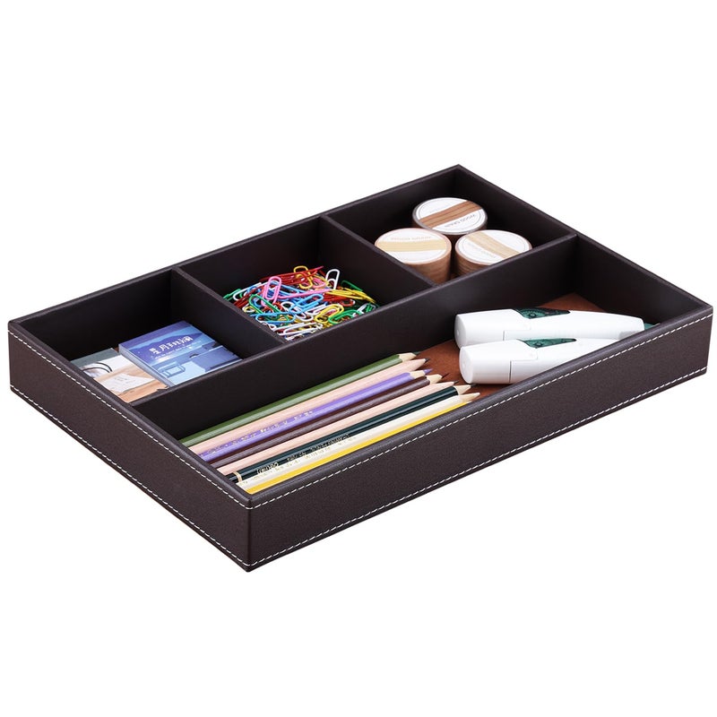 KINGFOM Pu Leather Desk Organizer Tray 4 Compartment Office Storage Supplies Stationery Drawer Tray Nightstand Bedside Tray for Key Wallet Watch Coin Phone Valet Tray Stackable - Image 2