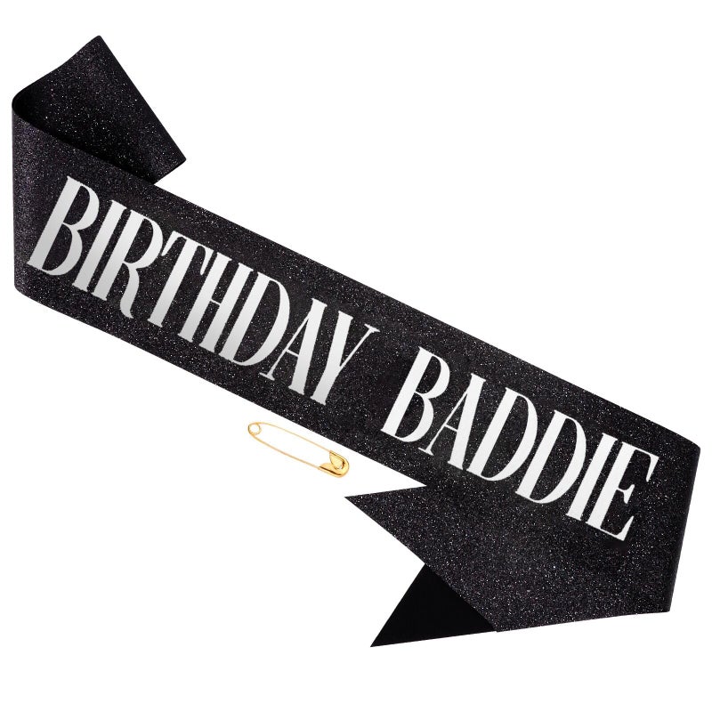 Hapdoo Adjustable & Reusable Birthday Sash - Silver Color â€œBIRTHDAY BADDIEâ€ Glitter Sash with Silver Foil for Women Men Party - Image 1