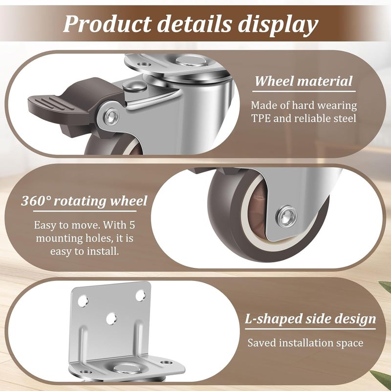 Brown 1 Inch Heavy Duty L Shape Side Mount Caster Wheels 8Pcs Soft TPE Non Marking 360 Swivel - Image 5