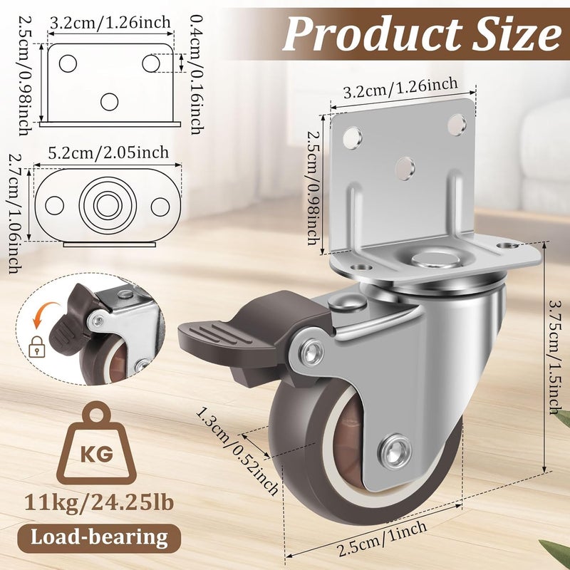 Brown 1 Inch Heavy Duty L Shape Side Mount Caster Wheels 8Pcs Soft TPE Non Marking 360 Swivel - Image 3