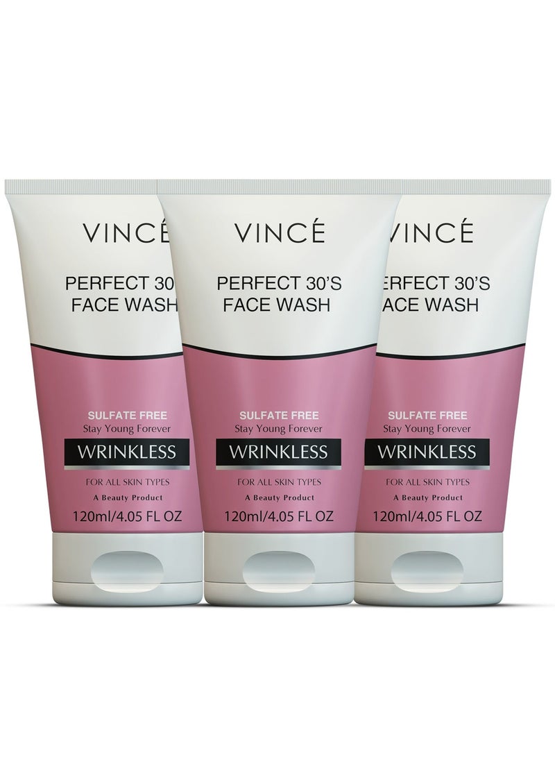 فينس غسول الوجه المضاد للتجاعيد - عبوة من 3 قطع - تنظيف عميق ومضاد للشيخوخة - يقلل من الخطوط الدقيقة والتجاعيد والبقع الداكنة - يرطب ويعزز شباب البشرة ونضارتها - خالٍ من الكبريتات - 120 مل لكل عبوة