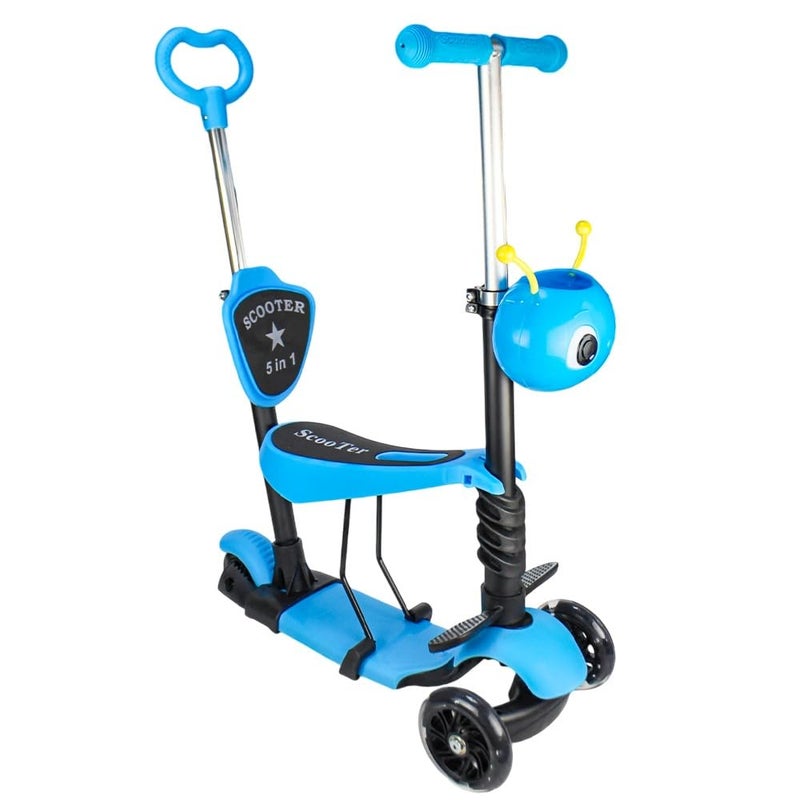 UKR 3-in-1 Kids Scooter With Foldable Seat And Handlebar Flashing LED Wheels 3-Wheels Kick Scooter With Adjustable Push Bar Storage Basket Bee Theme Toddler Trike