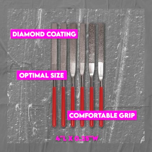 SE 74330DF 6-Piece Flat Diamond Grit File Set - Multi-Grit for Metals, Glass, Stones - 7" Length, 2" Diamond Surface, Round Handles - Includes PVC Pouch - Image 4