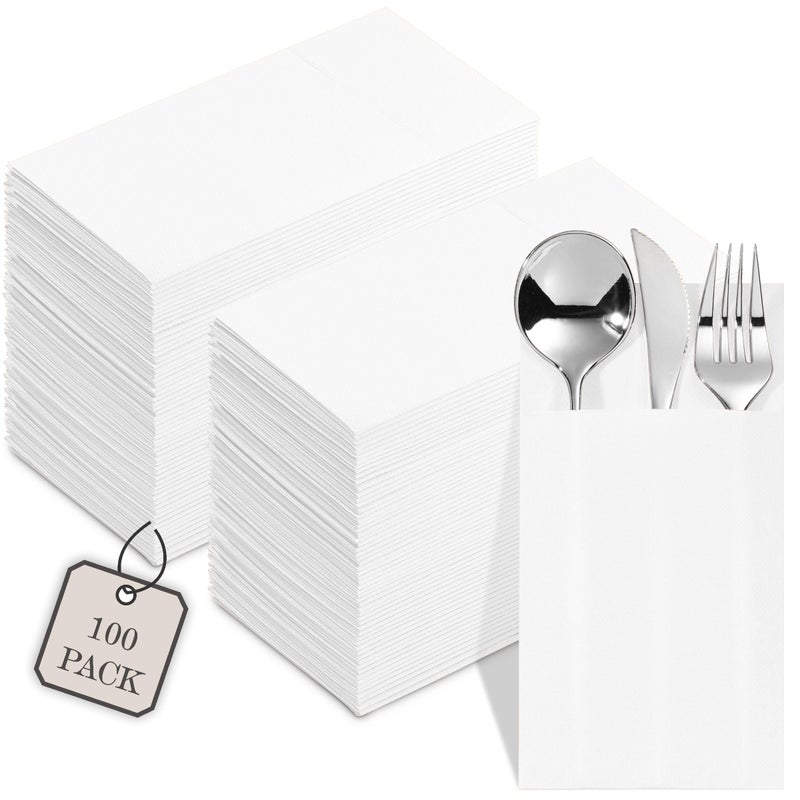 NAPEREE 100-Pack Disposable Napkins With Pocket For Flatware  White Napkins Paper For Wedding  Dinner Or Party  Built-In Pocket For Silverware  Prefolded - Image 1