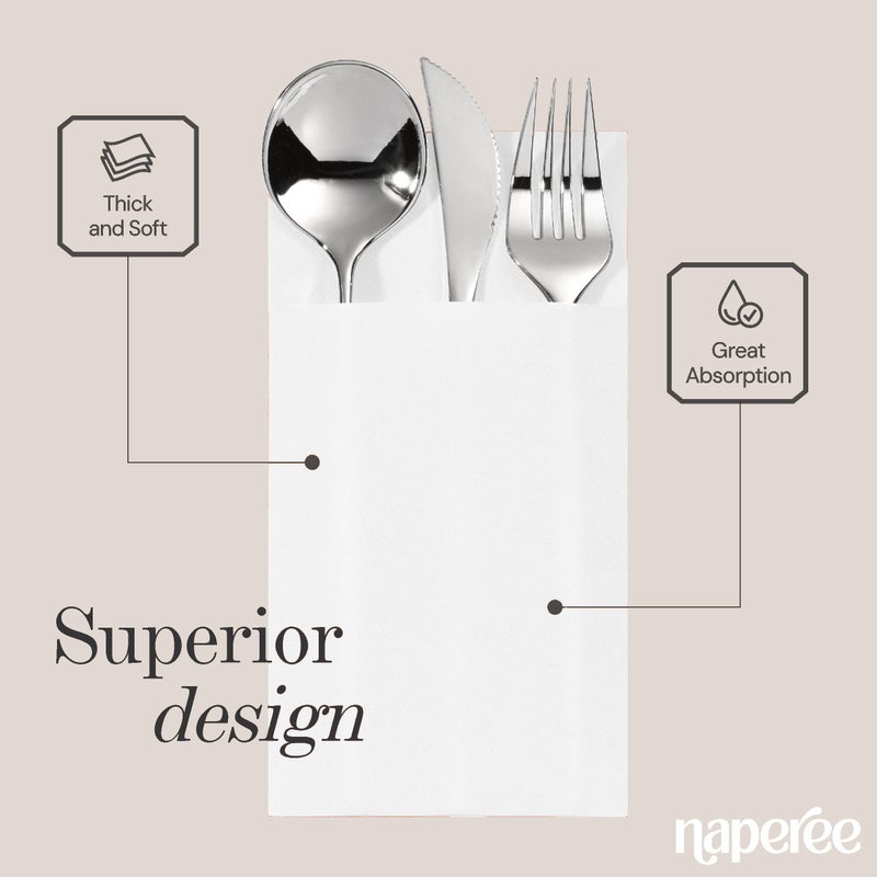 NAPEREE 100-Pack Disposable Napkins With Pocket For Flatware  White Napkins Paper For Wedding  Dinner Or Party  Built-In Pocket For Silverware  Prefolded - Image 3