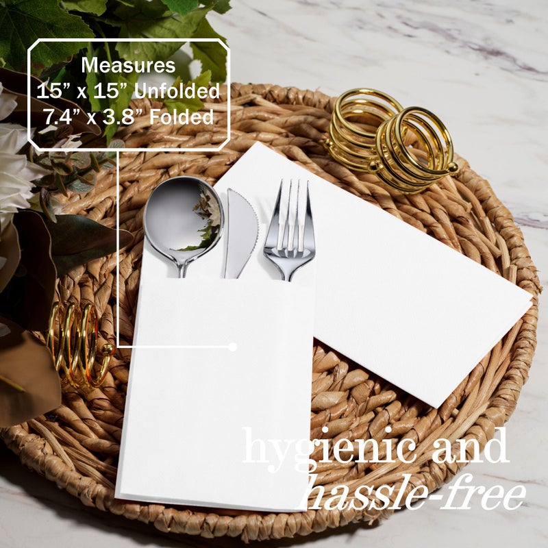 NAPEREE 100-Pack Disposable Napkins With Pocket For Flatware  White Napkins Paper For Wedding  Dinner Or Party  Built-In Pocket For Silverware  Prefolded - Image 4