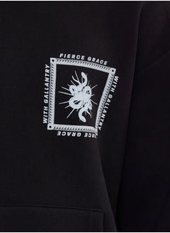 trendyol Black Oversize/Wide Cut Hooded Back Mystic Printed Fleece Sweatshirt  - Image 4