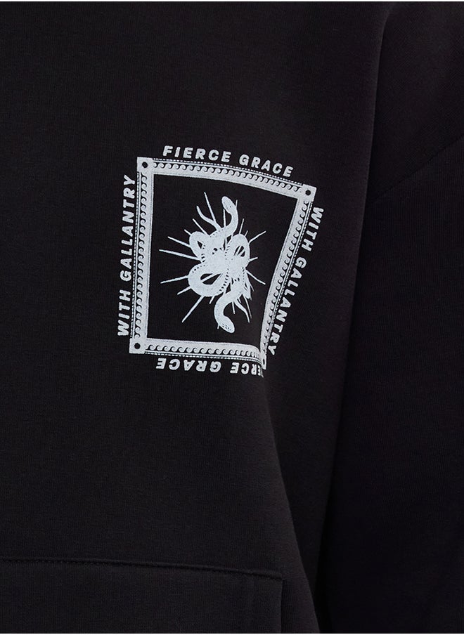 trendyol Black Oversize/Wide Cut Hooded Back Mystic Printed Fleece Sweatshirt  - Image 4