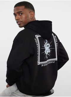 trendyol Black Oversize/Wide Cut Hooded Back Mystic Printed Fleece Sweatshirt  - Image 2