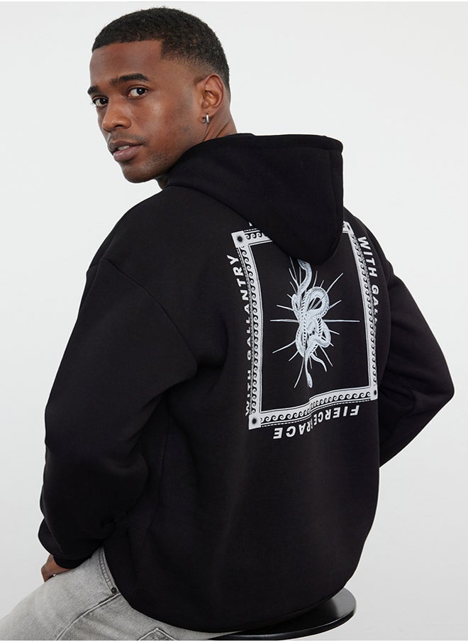 trendyol Black Oversize/Wide Cut Hooded Back Mystic Printed Fleece Sweatshirt  - Image 2