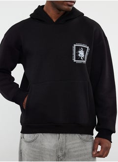trendyol Black Oversize/Wide Cut Hooded Back Mystic Printed Fleece Sweatshirt  - Image 5