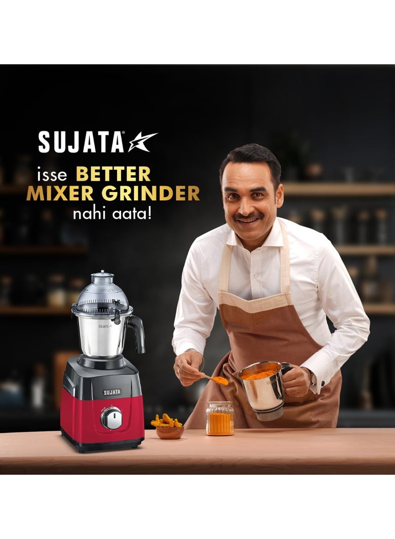سوجاتا Sujata MG02 Mixer Grinder 1000Watts | Double Ball Bearing Motor|24000 RPM|Non-Stop 90 Mins Running|3 Food Grade Steel Jars including 1500ml Multipurpose, 1000ml Grinder, 500ml Chutney Jar|Red & Black - Image 4