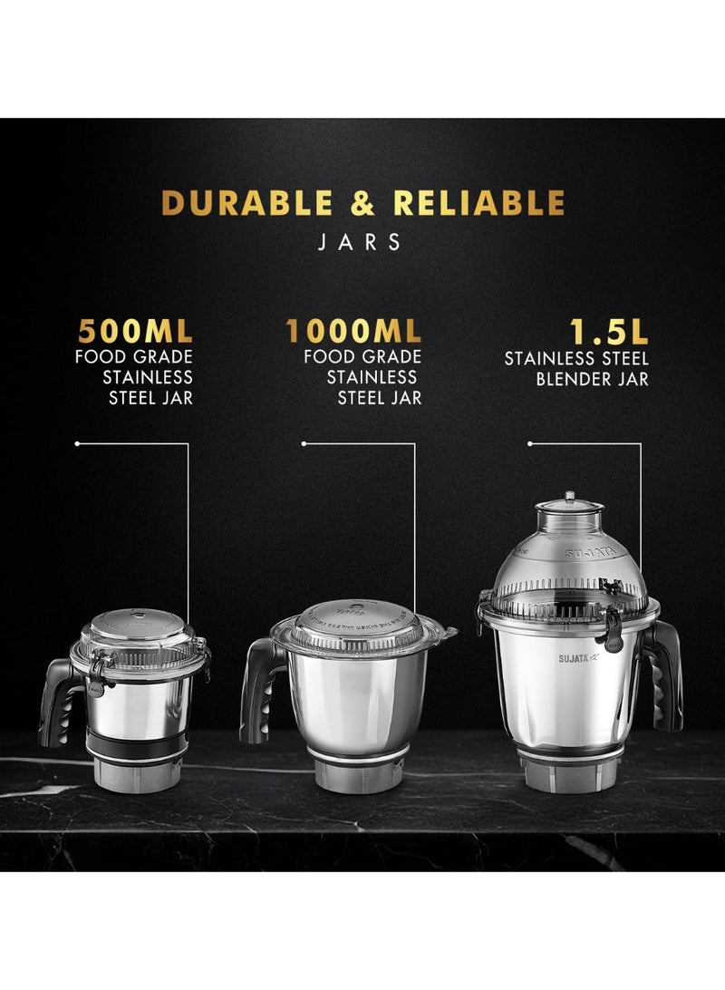 سوجاتا Sujata MG02 Mixer Grinder 1000Watts | Double Ball Bearing Motor|24000 RPM|Non-Stop 90 Mins Running|3 Food Grade Steel Jars including 1500ml Multipurpose, 1000ml Grinder, 500ml Chutney Jar|Red & Black - Image 3