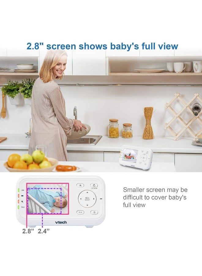 vtech جهاز مراقبة الأطفال بالفيديو من VTech مع مدى طويل يصل إلى 1000 قدم، رؤية ليلية تلقائية، شاشة 2.8 بوصة، صوت ثنائي الاتجاه، مستشعر درجة الحرارة، وضع توفير الطاقة، أغانٍ مهدئة وكاميرا قابلة للتثبيت على الحائط مع حامل - Image 4