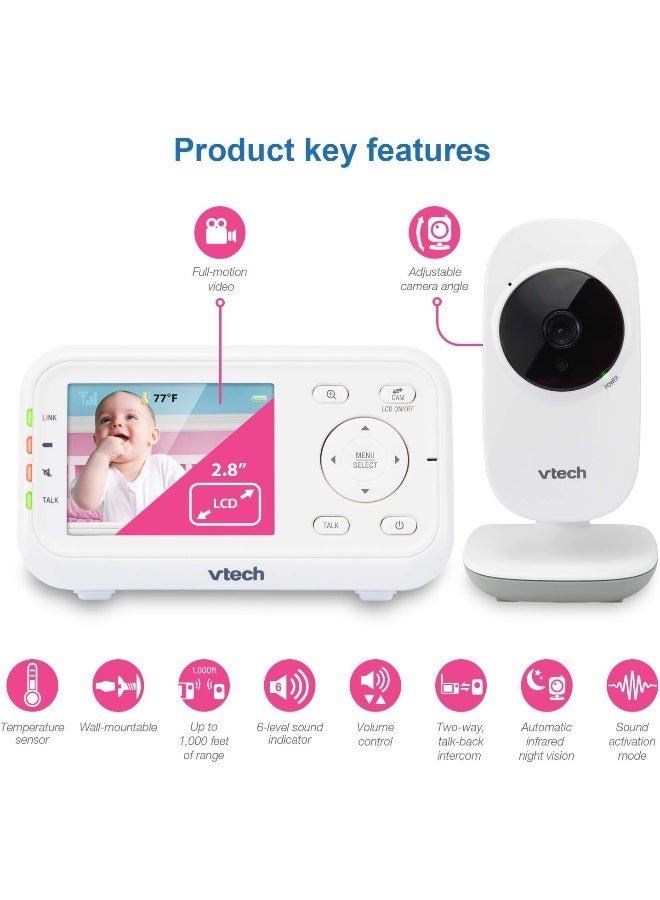 vtech جهاز مراقبة الأطفال بالفيديو من VTech مع مدى طويل يصل إلى 1000 قدم، رؤية ليلية تلقائية، شاشة 2.8 بوصة، صوت ثنائي الاتجاه، مستشعر درجة الحرارة، وضع توفير الطاقة، أغانٍ مهدئة وكاميرا قابلة للتثبيت على الحائط مع حامل - Image 2