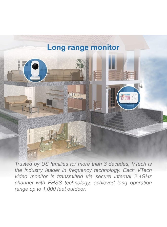 vtech جهاز مراقبة الأطفال بالفيديو من VTech مع مدى طويل يصل إلى 1000 قدم، رؤية ليلية تلقائية، شاشة 2.8 بوصة، صوت ثنائي الاتجاه، مستشعر درجة الحرارة، وضع توفير الطاقة، أغانٍ مهدئة وكاميرا قابلة للتثبيت على الحائط مع حامل - Image 3