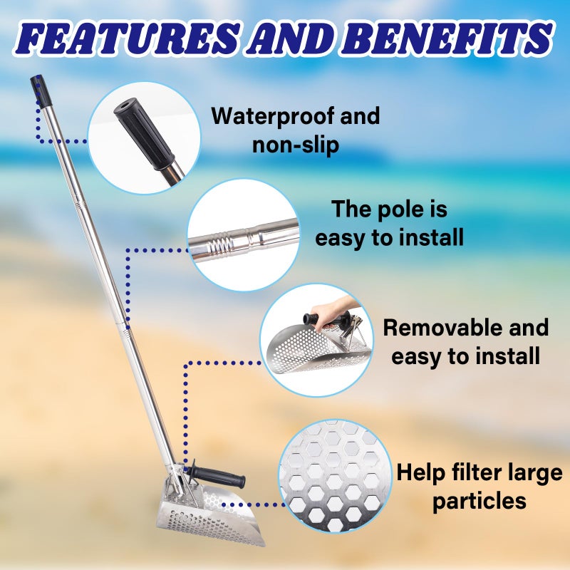 WodGod Heavy Duty Stainless Steel Sand Scoop for Metal Detecting with Long Handle, Includes Metal Detecting Pinpointer, Shovel, Gloves (Orange) - Image 2