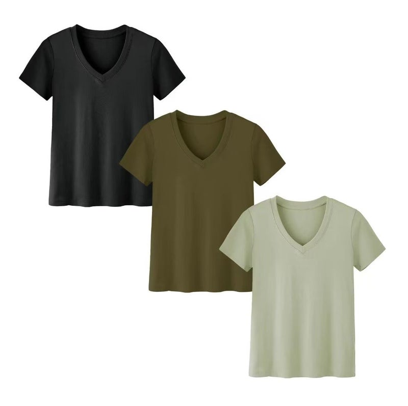 2025 Short-Sleeved Loose Slit Top Three-Piece T-Shirt Combination Pure Color Women's Clothing - Image 1