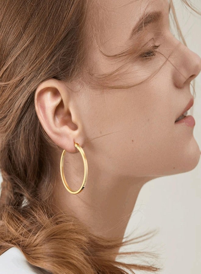 Gacimy Flatted Hoop Earrings for Women 14K Gold Plated with 925 Sterling Silver Post, 30mm, Brass, No Gemstone - Image 2