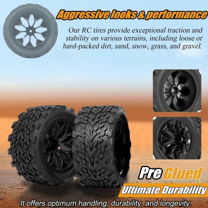 RC Station 12mm Hex RC Wheels and Tires 1/10 Scale RC Truck Tires and Wheels for Traxxas Rustler Stampede 2wd 4x4 vxl Hoss E-Revo Redcat Volcano EPX RIAARIO AMORIL Tires and Wheels Preglued 4PCS - Image 4