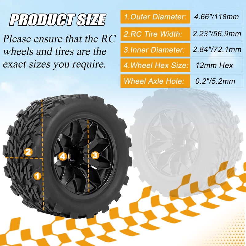 RC Station 12mm Hex RC Wheels and Tires 1/10 Scale RC Truck Tires and Wheels for Traxxas Rustler Stampede 2wd 4x4 vxl Hoss E-Revo Redcat Volcano EPX RIAARIO AMORIL Tires and Wheels Preglued 4PCS - Image 2