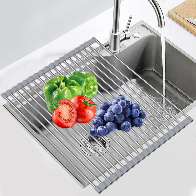 Sindax 237 Extra Large Dish Drying Rack Expandable Roll Up Over The Sink Dish Drying Rack SUS304 Stainless Steel Multipurpose Kitchen Drainer Rack Up Load to 70Lb