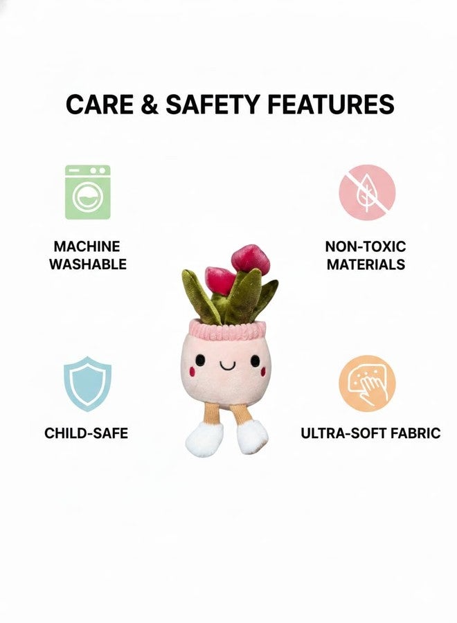 TeraaBliss Cute Plush Plant Toy with Smiling Face & Dangling Legs - Soft Stuffed Figure for Kids, Room Decor Gift (Light Pink with Roses) - Image 5