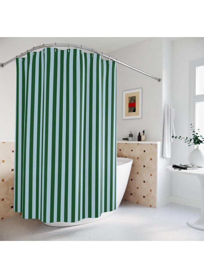 ستارة حمام مضادة للماء مخططة - سريعة الجفاف ومقاومة للعفن مع 12 خطاف وفتحات تعليق سهلة (أخضر غامق) - Image 1