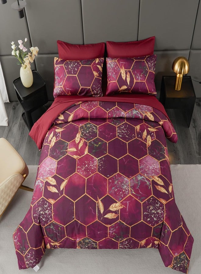 ANGIYUIN 7 Pcs Burgundy and Gold Queen Comforter Sets Print Hexagon Honeycomb Bed in A Bag, 3D Marble Watercolor Comforter Bedding Sets, Geometric Gold Trim Bed Sets with Sheets(Burgundy, Queen) - Image 2