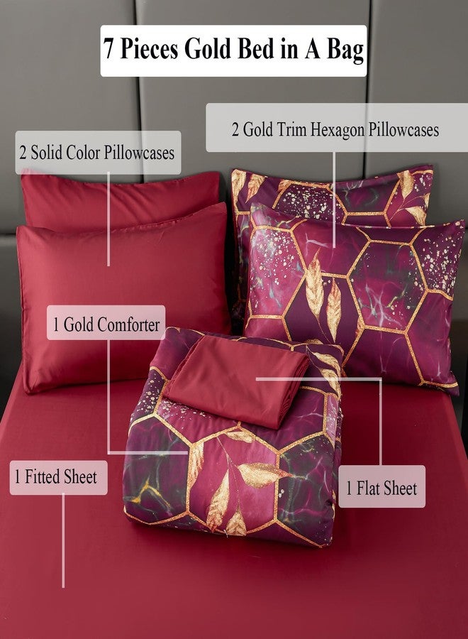 ANGIYUIN 7 Pcs Burgundy and Gold Queen Comforter Sets Print Hexagon Honeycomb Bed in A Bag, 3D Marble Watercolor Comforter Bedding Sets, Geometric Gold Trim Bed Sets with Sheets(Burgundy, Queen) - Image 3