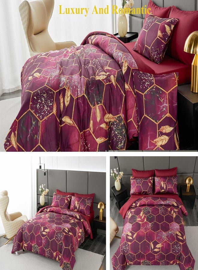 ANGIYUIN 7 Pcs Burgundy and Gold Queen Comforter Sets Print Hexagon Honeycomb Bed in A Bag, 3D Marble Watercolor Comforter Bedding Sets, Geometric Gold Trim Bed Sets with Sheets(Burgundy, Queen) - Image 4