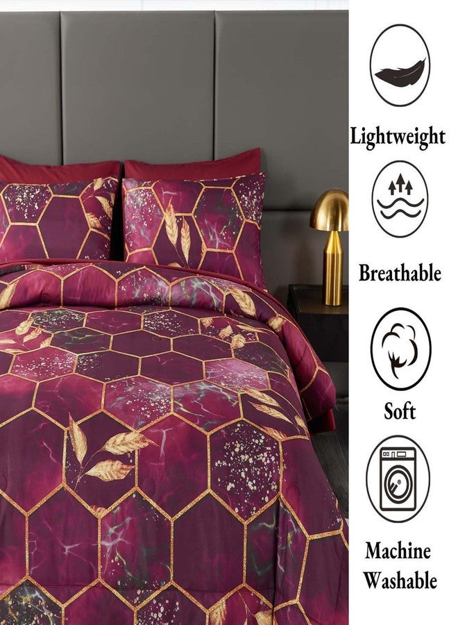 ANGIYUIN 7 Pcs Burgundy and Gold Queen Comforter Sets Print Hexagon Honeycomb Bed in A Bag, 3D Marble Watercolor Comforter Bedding Sets, Geometric Gold Trim Bed Sets with Sheets(Burgundy, Queen) - Image 5