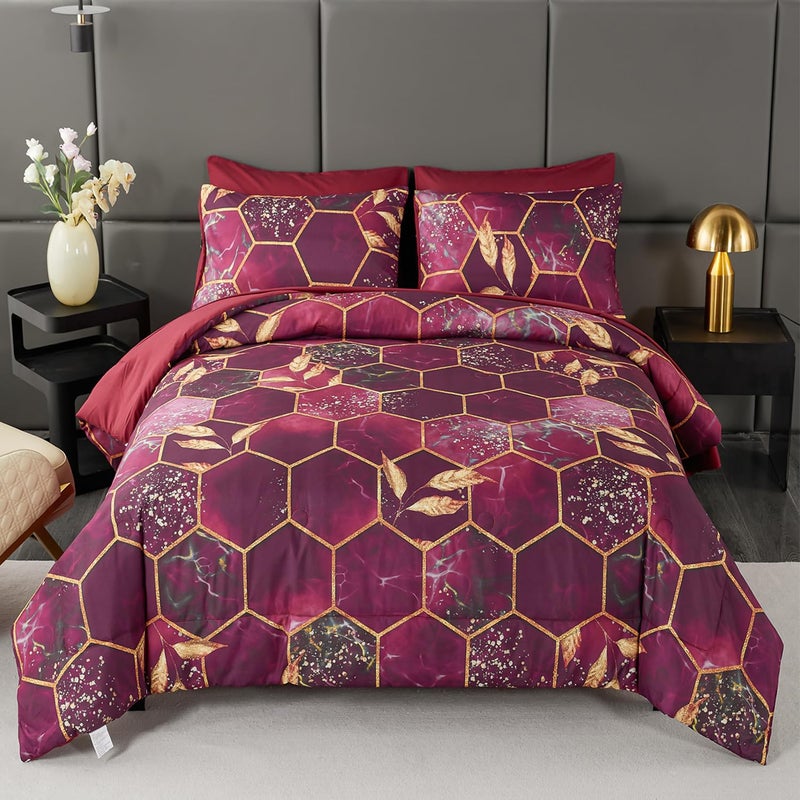 ANGIYUIN 7 Pcs Burgundy and Gold Queen Comforter Sets Print Hexagon Honeycomb Bed in A Bag, 3D Marble Watercolor Comforter Bedding Sets, Geometric Gold Trim Bed Sets with Sheets(Burgundy, Queen) - Image 1