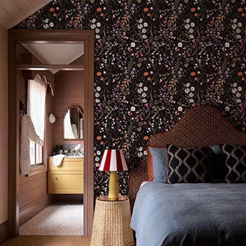 JiffDiff Wallpaper Self-Adhesive Blooming Vintage Colourful Flowers WallPaper for Bedroom Living Room Cabinet, Peel and Stick Beige Sketch Little Flowers Wallpaper Mural 14.2 sq. feet (118.1"x17.3", Black) - Image 5