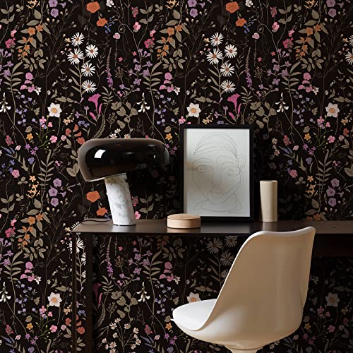 JiffDiff Wallpaper Self-Adhesive Blooming Vintage Colourful Flowers WallPaper for Bedroom Living Room Cabinet, Peel and Stick Beige Sketch Little Flowers Wallpaper Mural 14.2 sq. feet (118.1"x17.3", Black) - Image 2