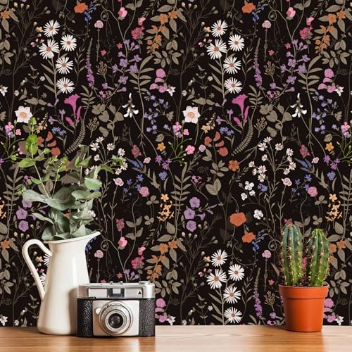 JiffDiff Wallpaper Self-Adhesive Blooming Vintage Colourful Flowers WallPaper for Bedroom Living Room Cabinet, Peel and Stick Beige Sketch Little Flowers Wallpaper Mural 14.2 sq. feet (118.1"x17.3", Black) - Image 1