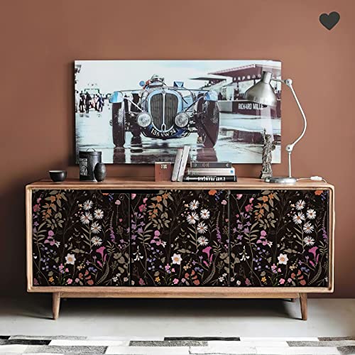 JiffDiff Wallpaper Self-Adhesive Blooming Vintage Colourful Flowers WallPaper for Bedroom Living Room Cabinet, Peel and Stick Beige Sketch Little Flowers Wallpaper Mural 14.2 sq. feet (118.1"x17.3", Black) - Image 3