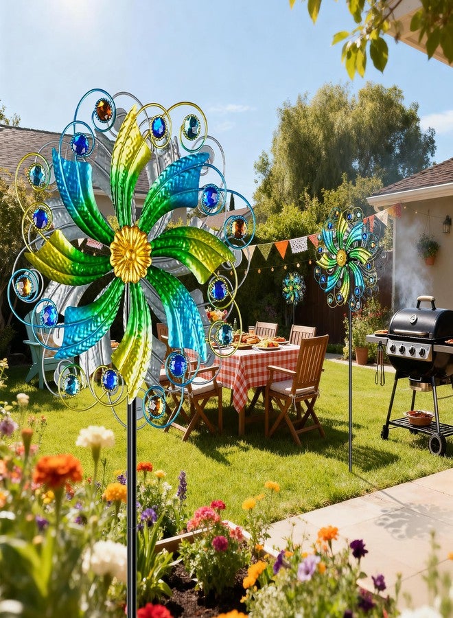 Jusimux Colorful Metal Wind Spinners Outdoor, Kinetic Wind Sculpture Garden Pinwheels with Stake, 57.5×13 Inch Yard Art Decor for Patio Lawn Backyard, Unique Creative Gift for Garden Lovers - Image 3