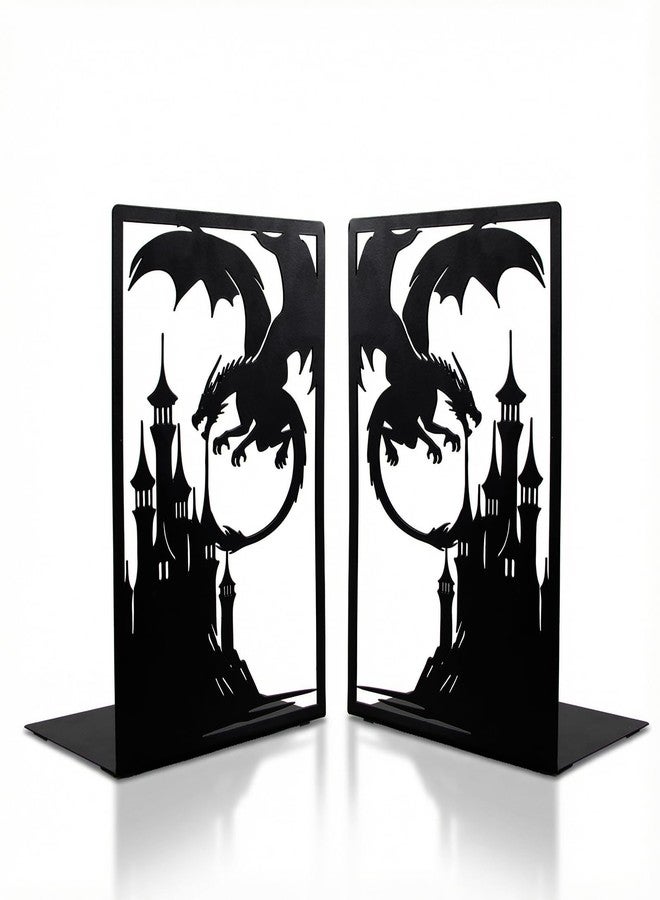 WOPARTY Gothic Dragon Bookends, Black Metal Castle Design, 7.1 x 4.7 Inch, Decorative Book Holders with Non-Slip Base, 2 Piece Set - Image 1