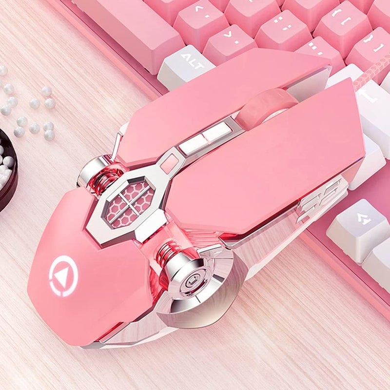 كاست ويف فأرة ألعاب سلكية للكمبيوتر، فأرة ميكانيكية وردية بصرية USB، 7 أزرار، 4 مستويات قابلة للتعديل لـ DPI حتى 3200، إضاءة خلفية RGB، صوت نقر للفأرة، مناسبة للاعبات ألعاب الكمبيوتر، أنظمة Windows/Vista/Mac - Image 1