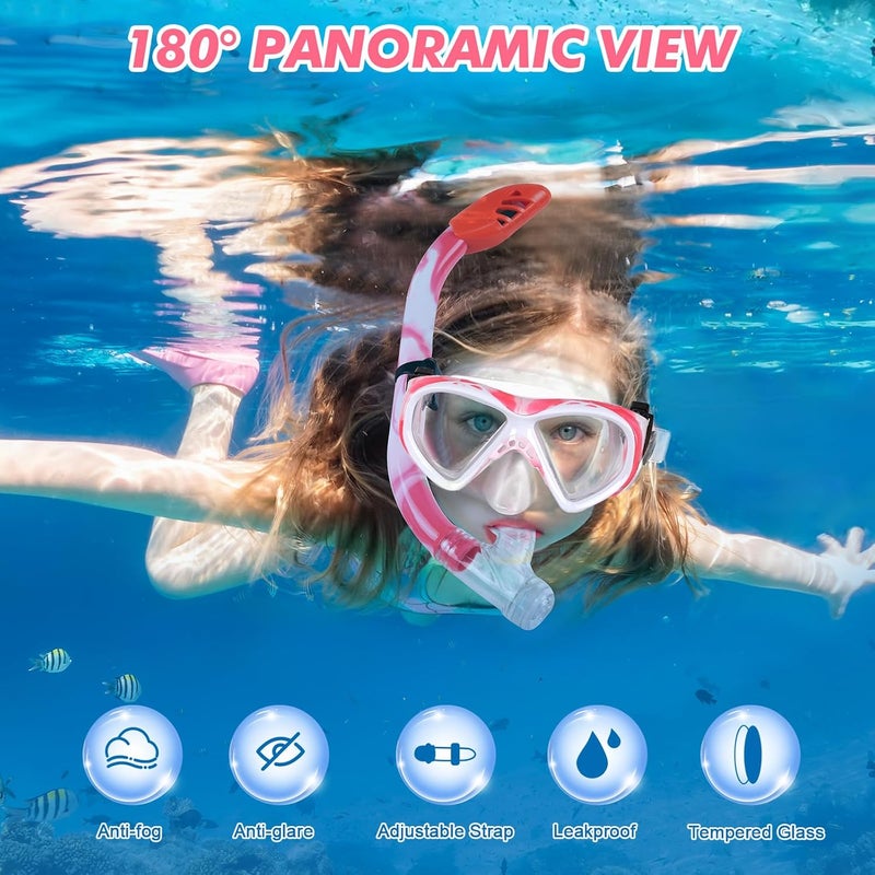 KUYOU Kids Snorkel Set, Children Anti-Fog Diving Mask Swimming Goggles Dry Top Snorkel Equipment Snorkeling Packages Swimming Gear for Youth Boys Girls Age 5-10 - Image 2