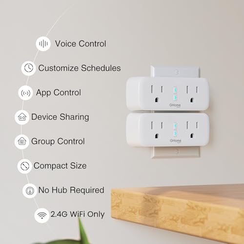 GHome Smart Plug, 15A WiFi Smart Outlet Compatible with Alexa & Google Home, Smart Surge Protector with Remote Control & Timer, Dual Sockets, No Hub Required, 2.4GHz WiFi Only, White, 2 Pack - Image 2