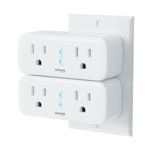 GHome Smart Plug, 15A WiFi Smart Outlet Compatible with Alexa & Google Home, Smart Surge Protector with Remote Control & Timer, Dual Sockets, No Hub Required, 2.4GHz WiFi Only, White, 2 Pack - Image 1