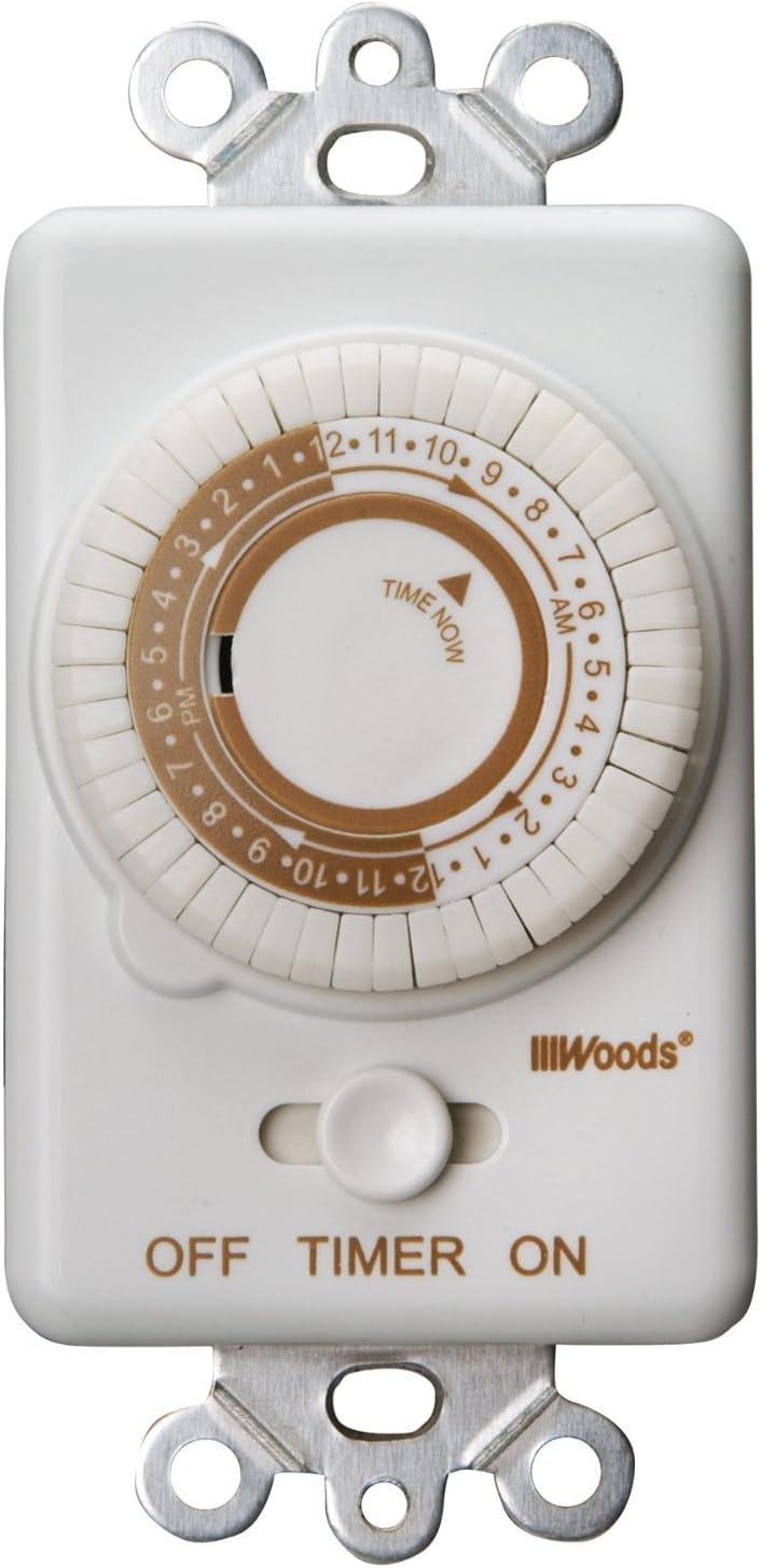 Woods وودز 59745 59745WD مؤقت ميكانيكي 24 ساعة يحول مفتاح ضوء الحائط إلى مؤقت أبيض - Image 1